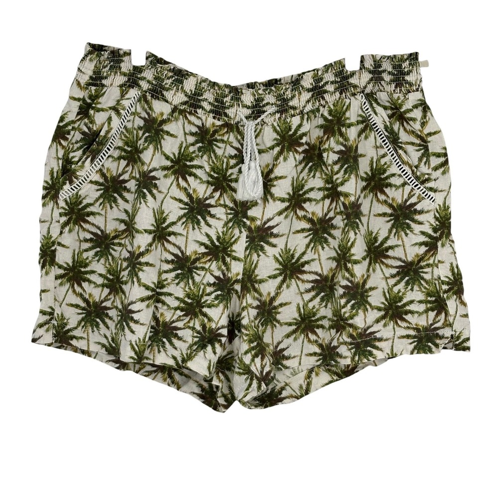 Briggs Palm Tree Shorts Green White Smocked Tassel Linen Blend XXL